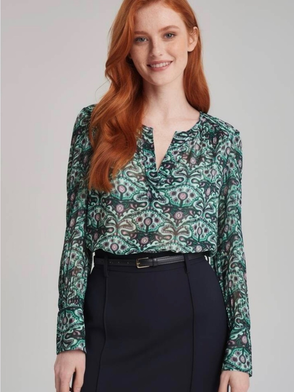 ba&sh FEL Viscose Georgette Green Paisley Long-Sleeve V-Neck Blouse Medium